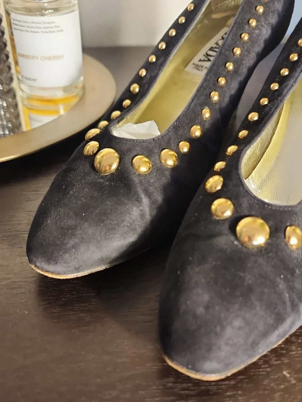 Escada Black Suede Pumps with Gold Stud Detailing